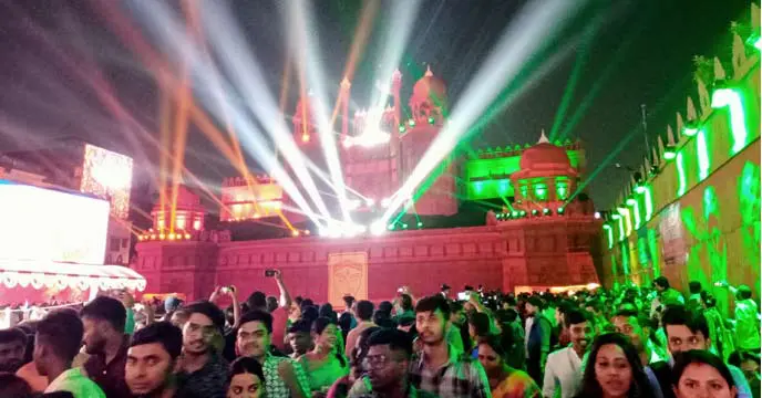 Santosh Mitra Square Puja Mandap is lit up in the colors of ATK Mohun Bagan jersey