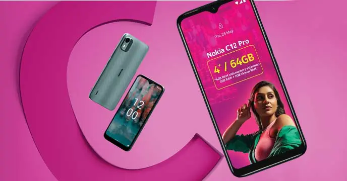 Nokia C12 Pro smartphone with a dual-camera setup and a glossy back cover