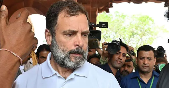 Image of Rahul Gandhi addressing a public gathering.