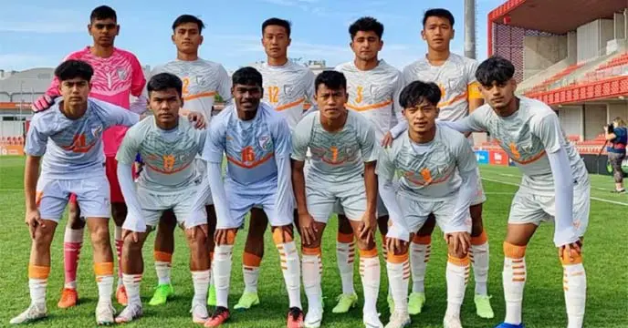 Indian footballers celebrate victory over Atletico Madrid in Spain