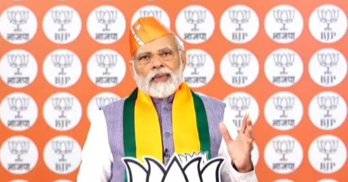 Prime Minister Narendra Modi addressing BJP workers on party's foundation day