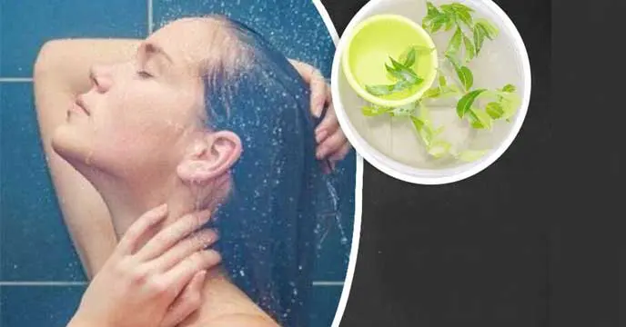 Girl bathing with neem leaves in water to relieve itching caused by heat