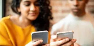 Illustration of a girl using a mobile phone while being cautious of online fraud.