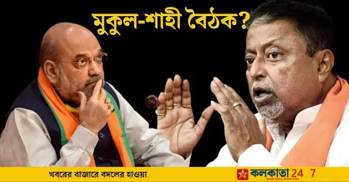 Mukul Roy and Amit Shah image captured during their meeting in Delhi, both seen sitting at a table with papers and water bottles in front of them.