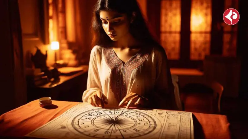 A young Indian woman is sitting in front of a table with a horoscope chart laid out in front of her. The room is dimly lit with a warm, orange glow, and the woman's face is illuminated by the light of a candle. She is wearing a traditional Indian dress and has a focused expression on her face as she studies the chart