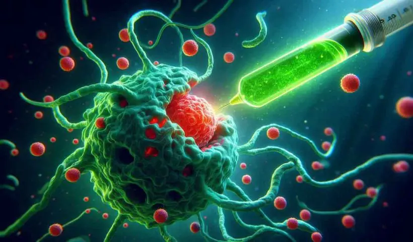 A cancer cell is being attacked by a new antibody