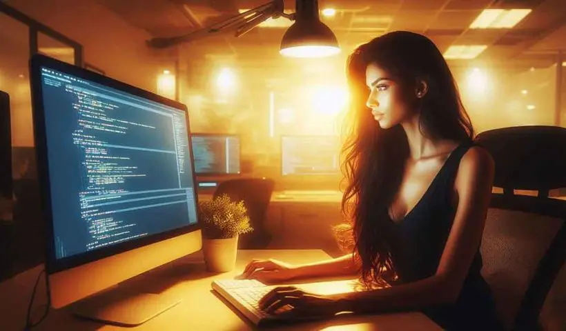 A hot lady software engineer is sitting in front of a computer in Kolkata