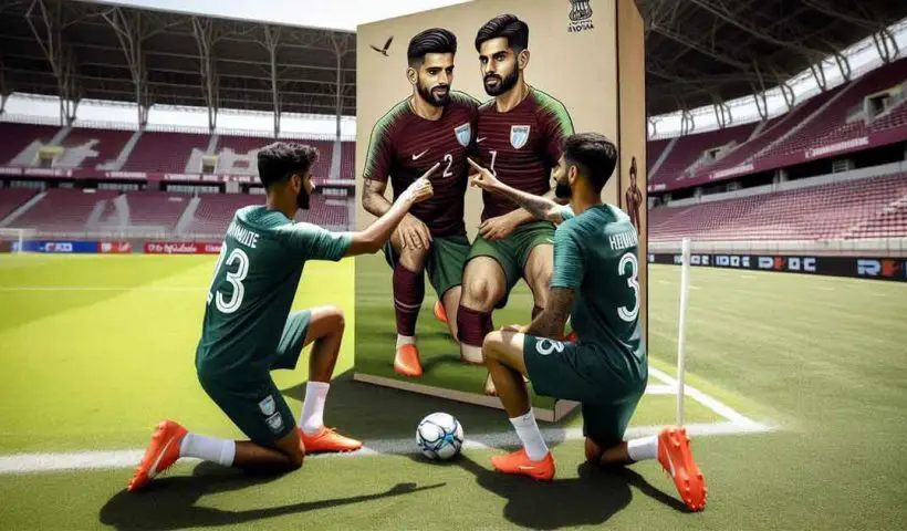 Two Indian footballers, wearing green maroon jerseys, practicing on the football field before a match