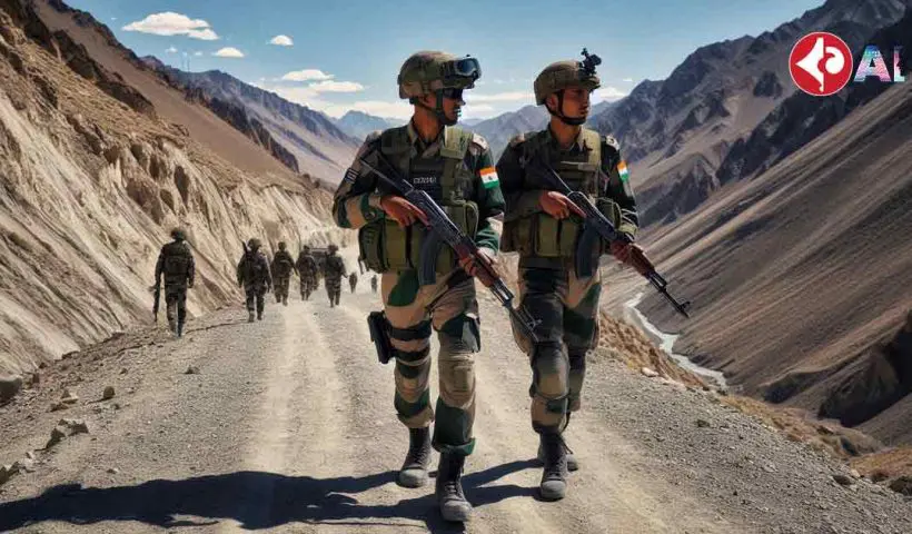 Two soldiers, one from India and one from China, are patrolling the border in Ladakh's Demchok and Depsang