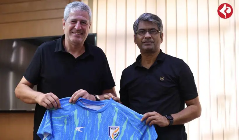 Indian Football Team Head coach Manolo Marquez with AIFF President Kalyan Chaubey