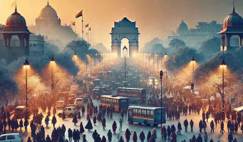 bustling cityscape of Delhi under a clear, crisp winter sky