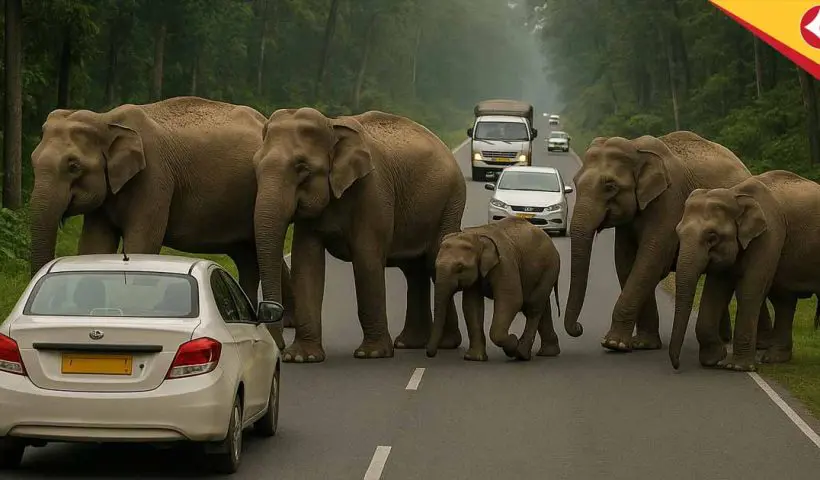 Elephant Herd Halts Traffic on Kartika Jungle State Road in Alipurduar
