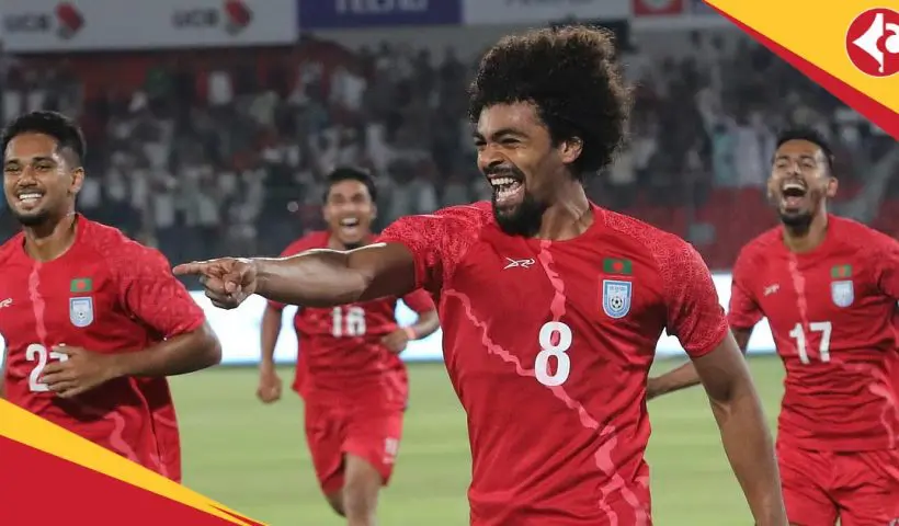 Hamza Choudhury celebrates his first goal for Bangladesh Football Team