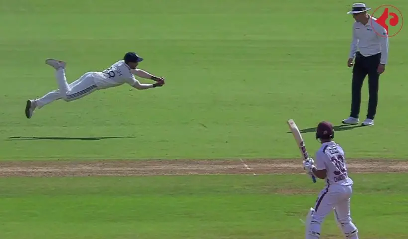 India vs West Indies in Ahmedabad Test Nitish Kumar Reddy grabs flying catch viral on Social Media