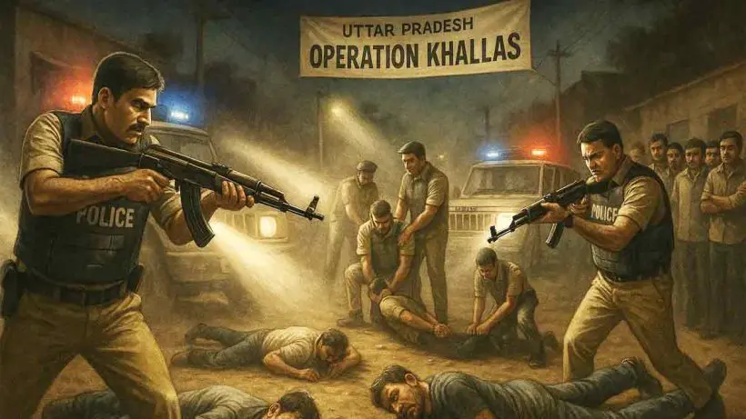 Yogi Adityanath govt launches Operation Khallas and Langda in Uttar Pradesh. Over 20 encounters in 48 hours, 100+ arrests, debate over crime control vs human rights.