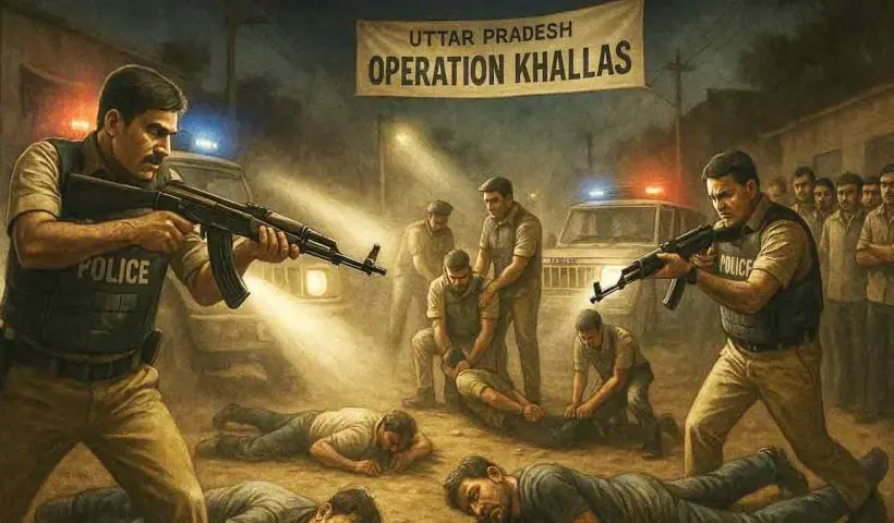 Yogi Adityanath govt launches Operation Khallas and Langda in Uttar Pradesh. Over 20 encounters in 48 hours, 100+ arrests, debate over crime control vs human rights.
