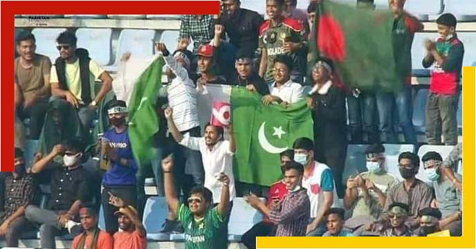 Pakistan flag with Bangladeshi Suporters cheering when their country loosing match