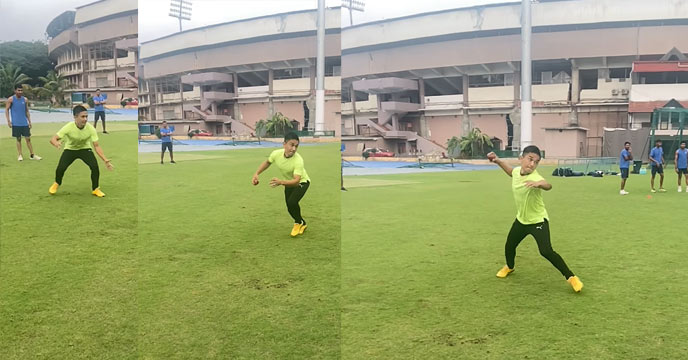 Indian football captain Sunil Chhetri in cricket practice