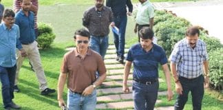 BCCI President Sourav Ganguly and CAB President Avishek Dalmiya discussing preparations for the IPL Play-Offs at Eden Gardens on May 24 and 25
