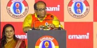 Emami East Bengal logo on a red and yellow background.