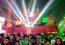Santosh Mitra Square Puja Mandap is lit up in the colors of ATK Mohun Bagan jersey