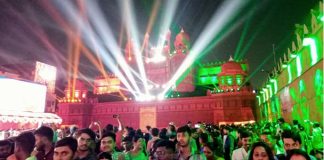 Santosh Mitra Square Puja Mandap is lit up in the colors of ATK Mohun Bagan jersey