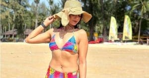 Devleena Kumar at the beach in a colorful bikini