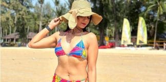 Devleena Kumar at the beach in a colorful bikini