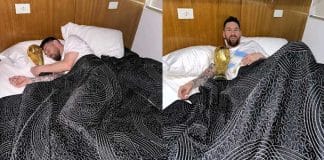 Messi sleeps with the World Cup trophy
