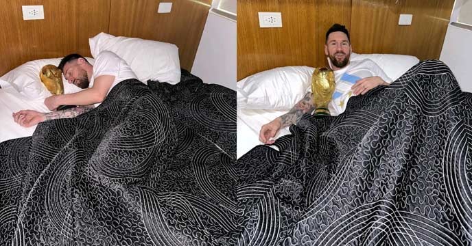 Messi sleeps with the World Cup trophy