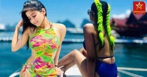 Actress Devchandrima posing for the camera in a Manokini