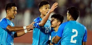 Indian and Kyrgyz Republic players in action during a football match