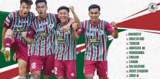 Mohun Bagan's First Eleven lined up on the football field