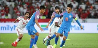 Indian Football team players in blue jerseys, gearing up for the Asian Cup tournament.