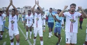 ATK Mohun Bagan team celebrating victory in the Reliance Development League match against Mohammedan Sporting Club.