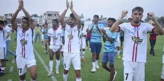 ATK Mohun Bagan team celebrating victory in the Reliance Development League match against Mohammedan Sporting Club.