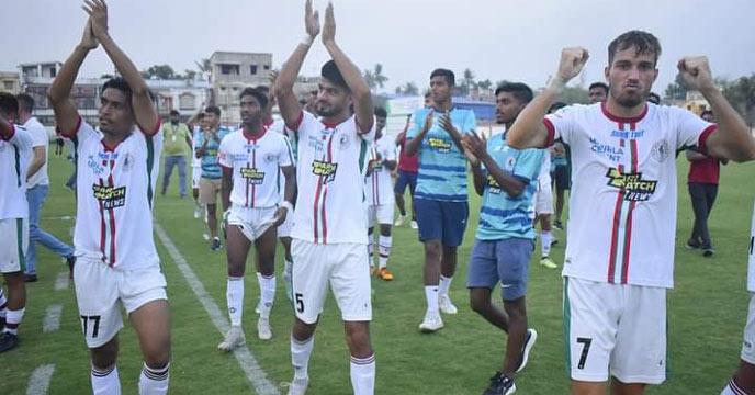 ATK Mohun Bagan team celebrating victory in the Reliance Development League match against Mohammedan Sporting Club.