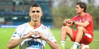 Carles Cuadrat and Cleiton Silva posing for a photo with East Bengal jerseys.