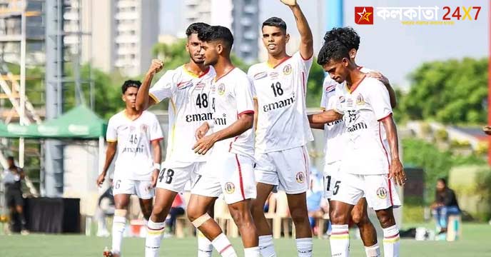 East Bengal celebrates after scoring a goal against Ramthar V in the national stage match