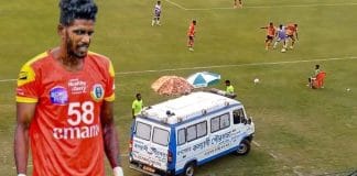 East Bengal footballer Niranjan Mondal being carried on a stretcher after sustaining an injury during a match
