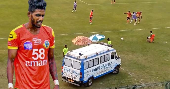 East Bengal footballer Niranjan Mondal being carried on a stretcher after sustaining an injury during a match