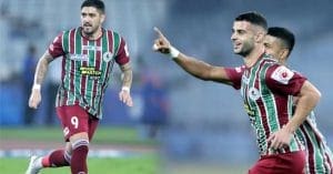 Hugo Boumous, the French midfielder, in a white Mohun Bagan jersey.