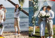 Australian cricketer Jess Jonassen and best friend Sarah Wearn posing in their wedding attire
