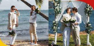 Australian cricketer Jess Jonassen and best friend Sarah Wearn posing in their wedding attire