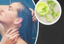 Girl bathing with neem leaves in water to relieve itching caused by heat