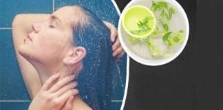 Girl bathing with neem leaves in water to relieve itching caused by heat