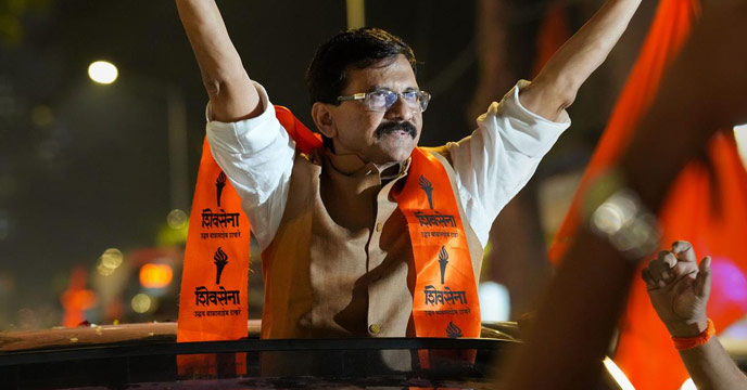Sanjay Raut addressing a rally with supporters