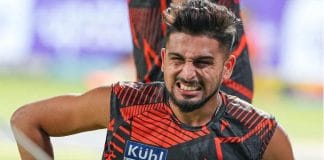Umran Malik playing for Sunrisers Hyderabad in IPL 2023