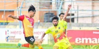 East Bengal FC celebrates a goal during their match against Diamond Rock in the I-League II Division