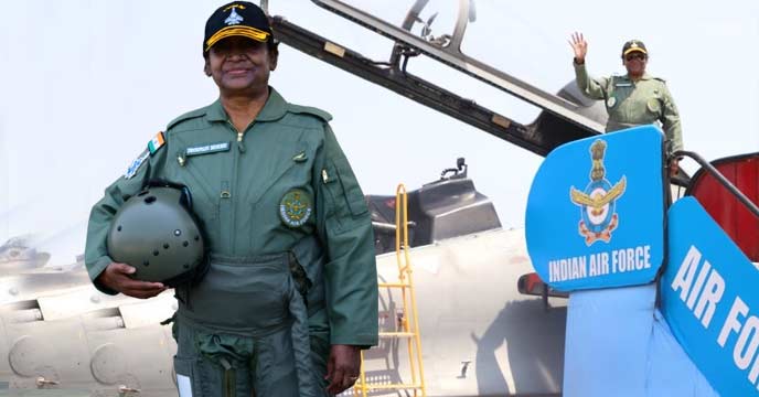 President Droupadi Murmu in Sukhoi-30 fighter jet at Tezpur Air Force Station, Assam